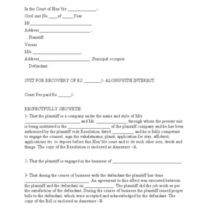 Plaint - Recovery of damages - Sample Format